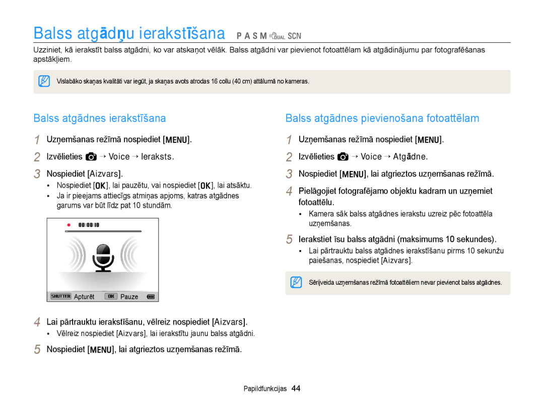 Samsung EC-WB700ZBPBE2 manual Balss atgādņu ierakstīšana p a h M d s, Balss atgādnes ierakstīšana 