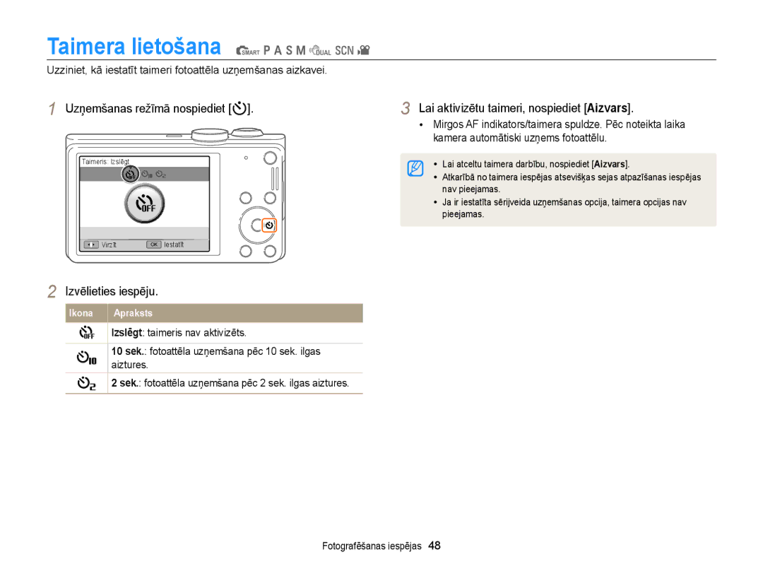 Samsung EC-WB700ZBPBE2 manual Taimera lietošana S p a h M d s, Uzņemšanas režīmā nospiediet t 