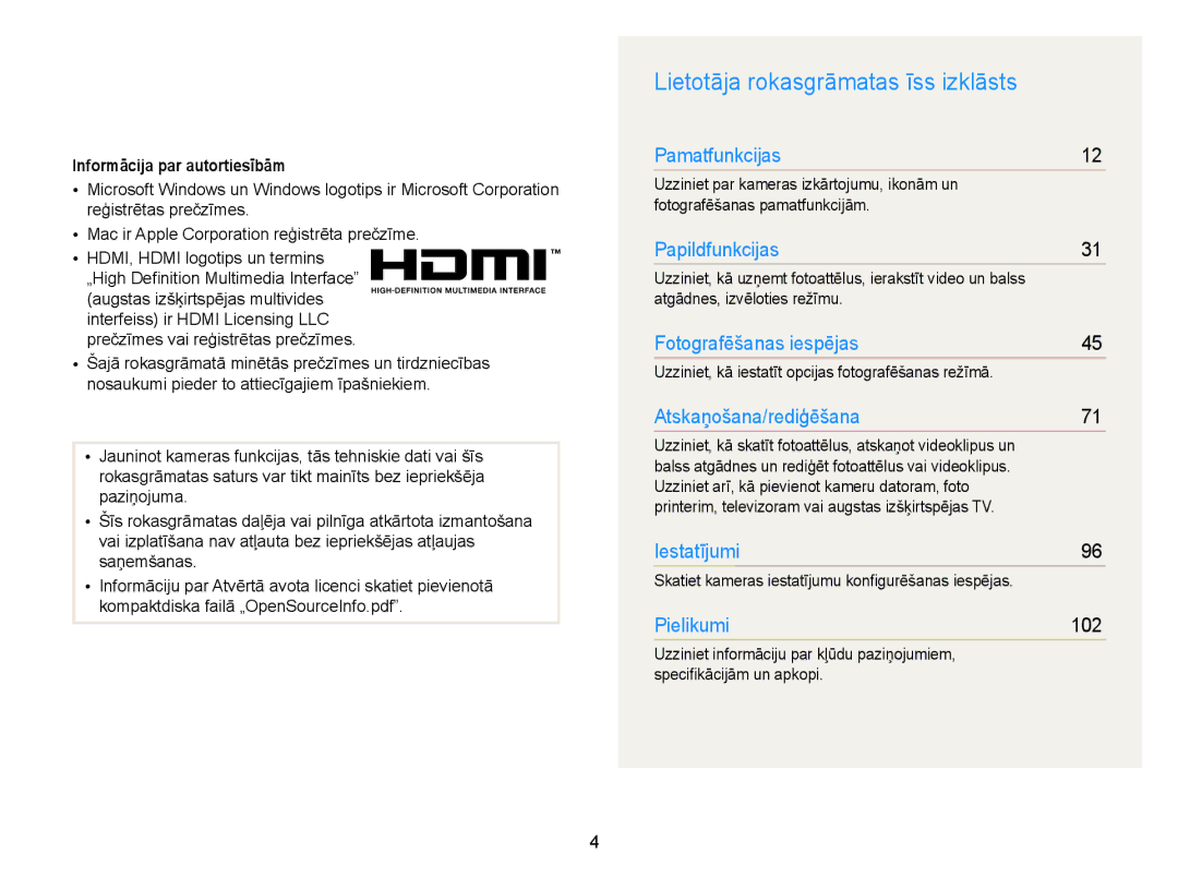 Samsung EC-WB700ZBPBE2 Lietotāja rokasgrāmatas īss izklāsts, Informācija par autortiesībām, Atgādnes, izvēloties režīmu 