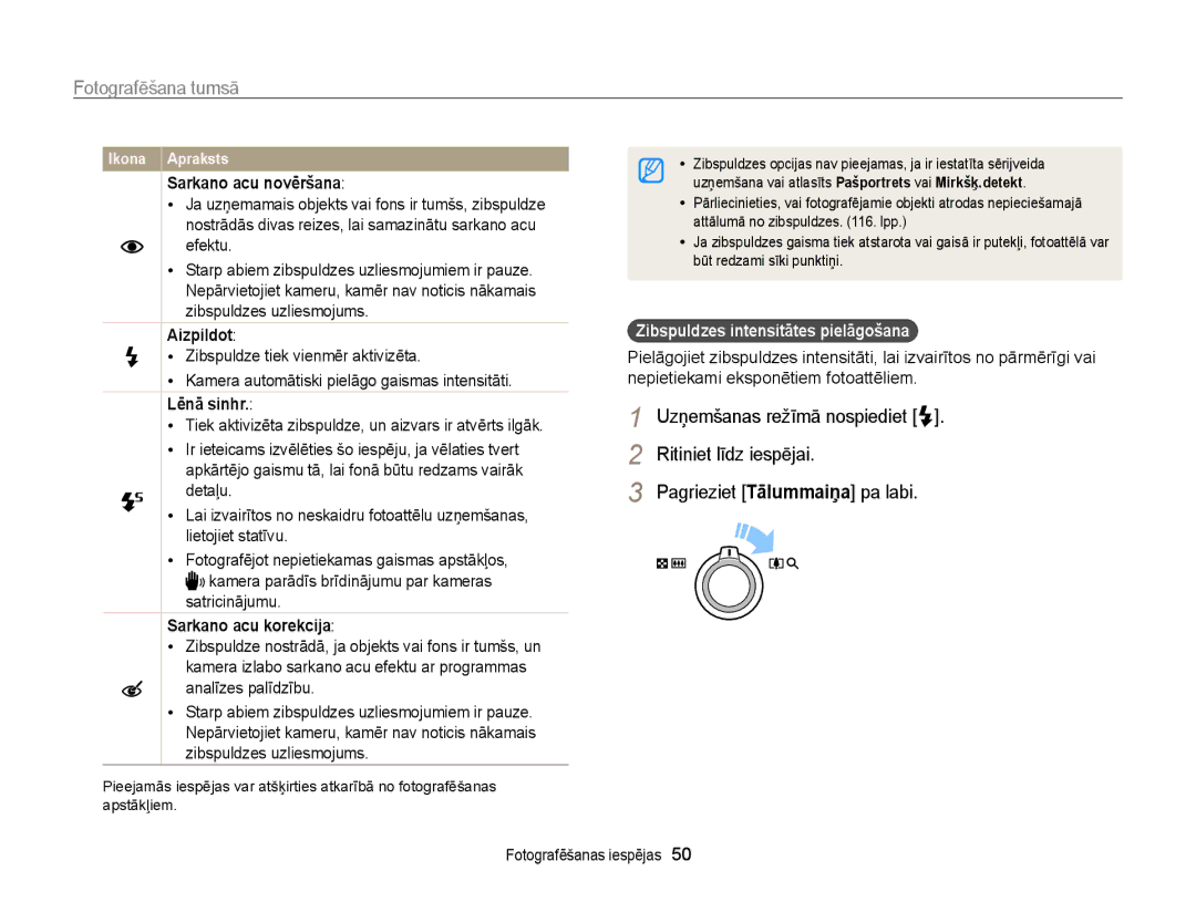 Samsung EC-WB700ZBPBE2 manual Fotografēšana tumsā, Sarkano acu novēršana, Aizpildоt, Zibspuldzes intensitātes pielāgošana 