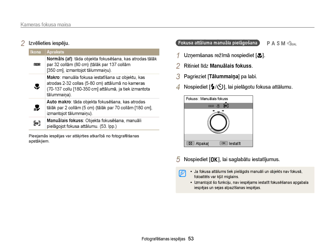 Samsung EC-WB700ZBPBE2 manual Kameras fokusa maiņa, Fokusa attāluma manuāla pielāgošana p a h M d 