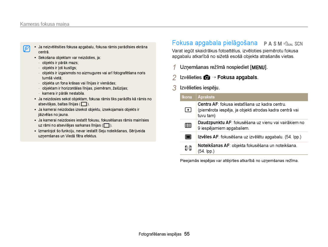 Samsung EC-WB700ZBPBE2 manual Fokusa apgabala pielāgošana p a h M d s 