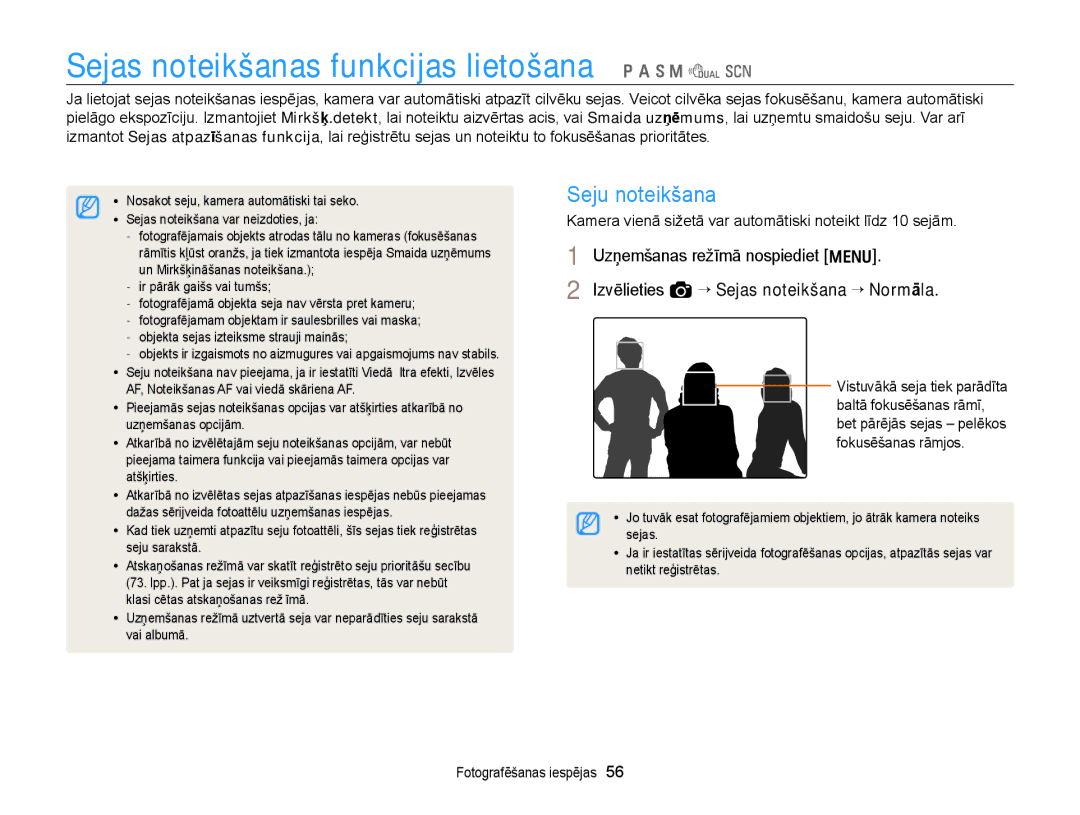 Samsung EC-WB700ZBPBE2 manual Seju noteikšana, Kamera vienā sižetā var automātiski noteikt līdz 10 sejām 