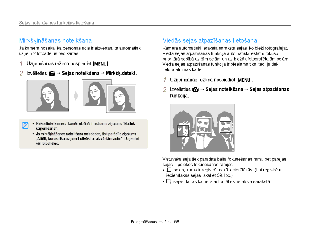 Samsung EC-WB700ZBPBE2 manual Mirkšķināšanas noteikšana, Viedās sejas atpazīšanas lietošana, Uzņemšana 