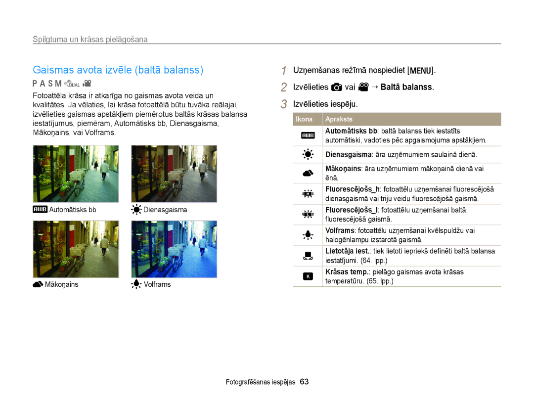 Samsung EC-WB700ZBPBE2 manual Gaismas avota izvēle baltā balanss 