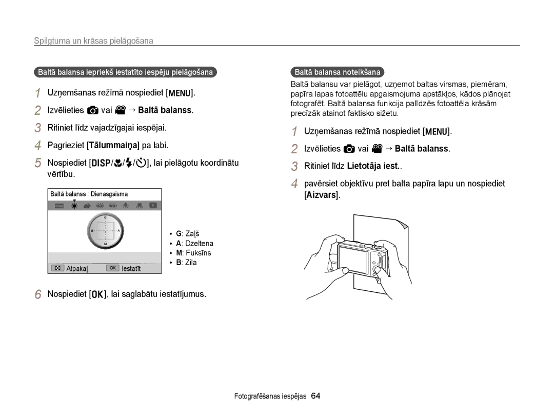 Samsung EC-WB700ZBPBE2 manual Ritiniet līdz Lietotāja iest, Baltā balansa iepriekš iestatīto iespēju pielāgošana 