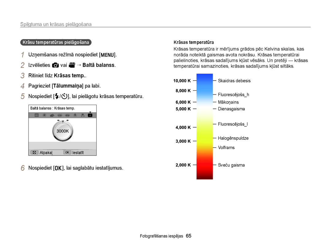 Samsung EC-WB700ZBPBE2 manual Krāsu temperatūras pielāgošana, Krāsas temperatūra 