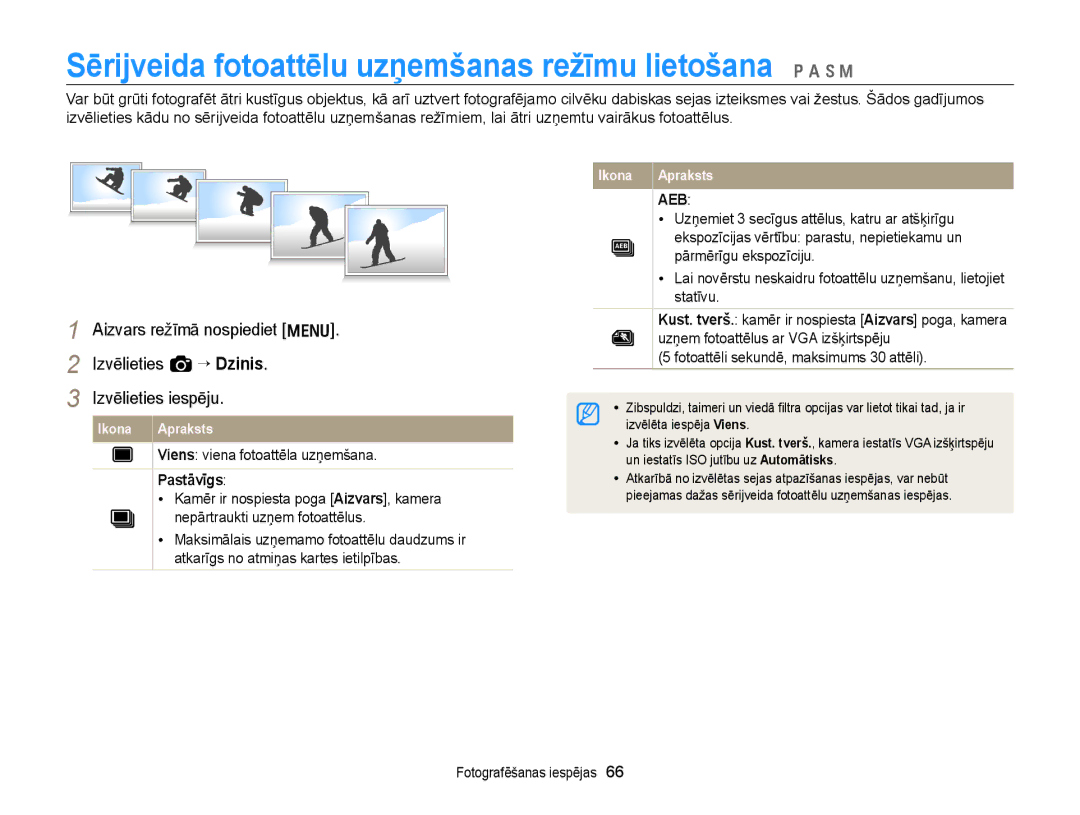 Samsung EC-WB700ZBPBE2 manual Sērijveida fotoattēlu uzņemšanas režīmu lietošana p a h M, Pastāvīgs 