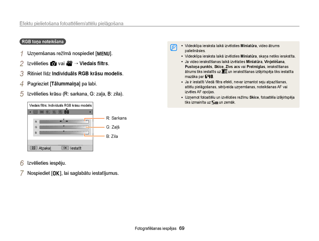 Samsung EC-WB700ZBPBE2 manual Izvēlieties a vai V “ Viedais ﬁltrs, RGB toņa noteikšana, Sarkans Zaļš 