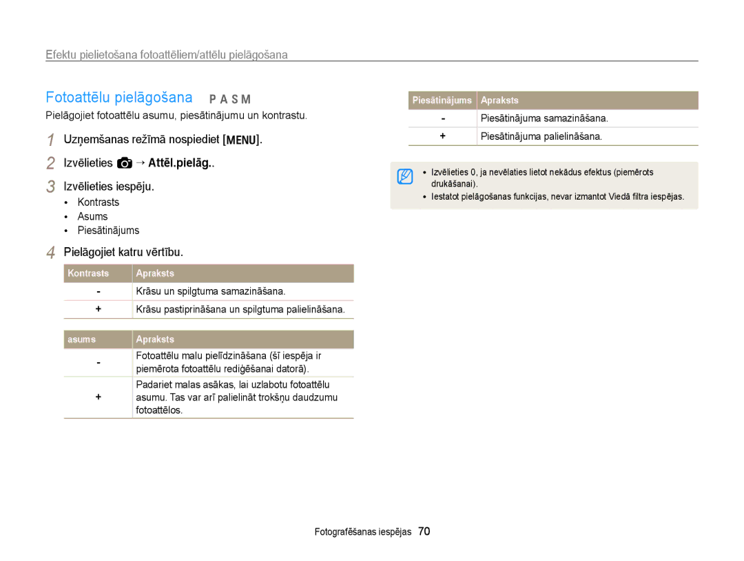 Samsung EC-WB700ZBPBE2 manual Fotoattēlu pielāgošana p a h M, Pielāgojiet katru vērtību, Kontrasts Asums Piesātinājums 