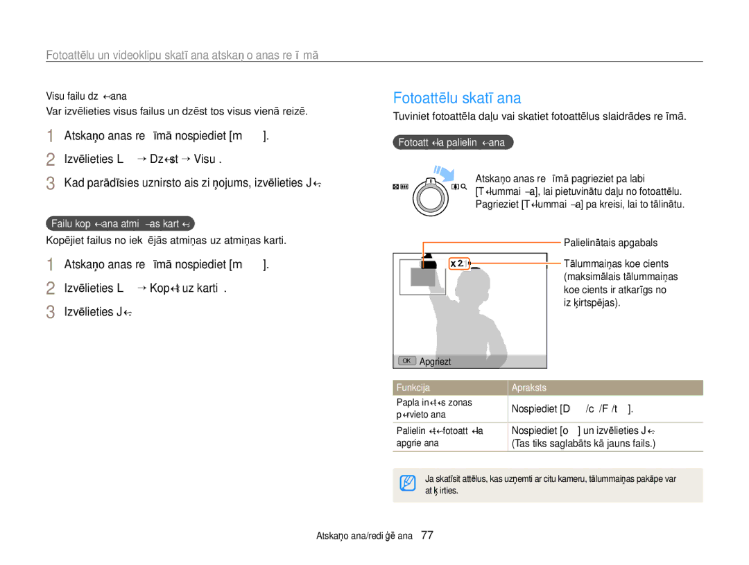 Samsung EC-WB700ZBPBE2 manual Fotoattēlu skatīšana, Failu kopēšana atmiņas kartē, Fotoattēla palielināšana 