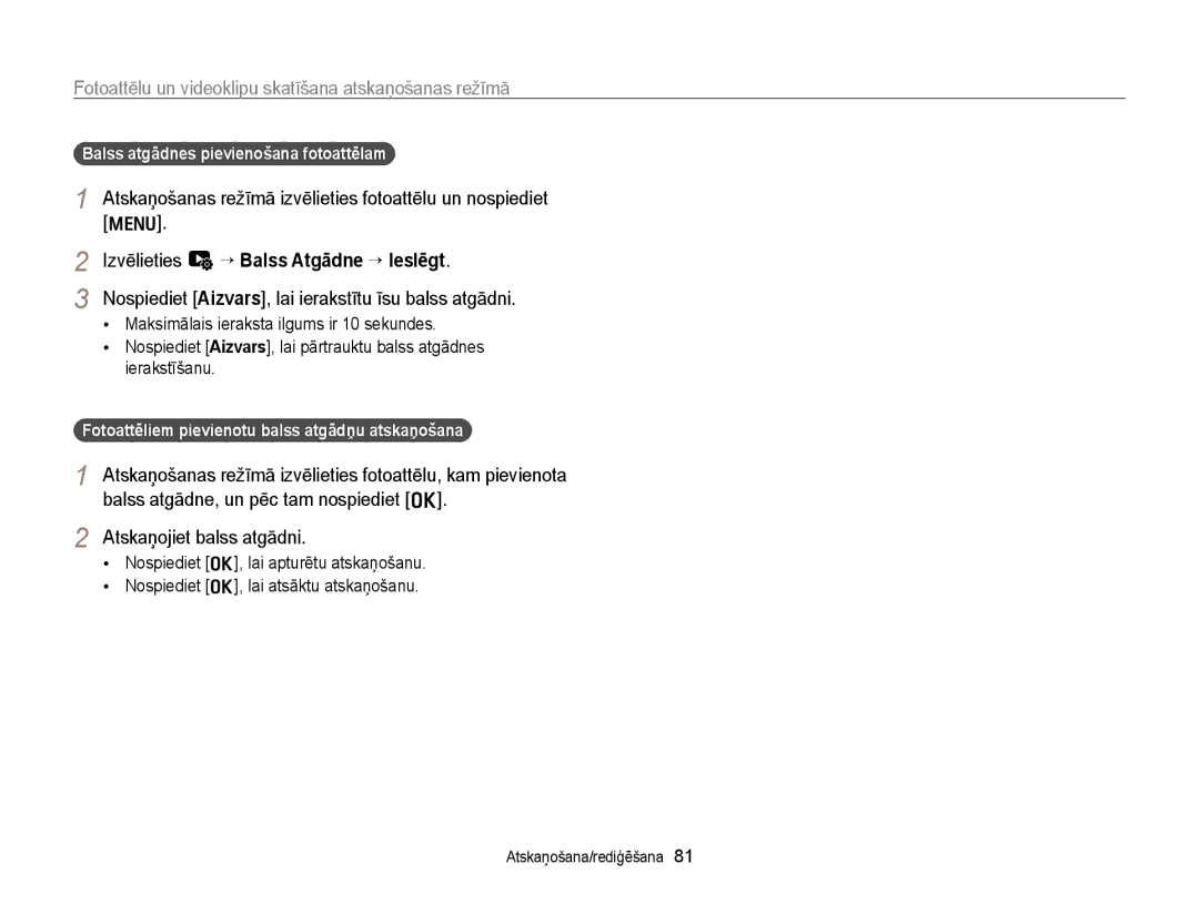 Samsung EC-WB700ZBPBE2 manual Balss atgādnes pievienošana fotoattēlam, Nospiediet Aizvars, lai ierakstītu īsu balss atgādni 