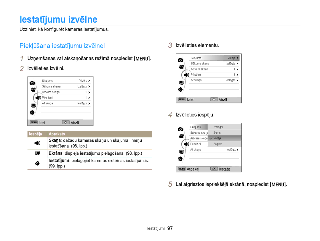 Samsung EC-WB700ZBPBE2 manual Iestatījumu izvēlne, Piekļūšana iestatījumu izvēlnei, Izvēlieties elementu 