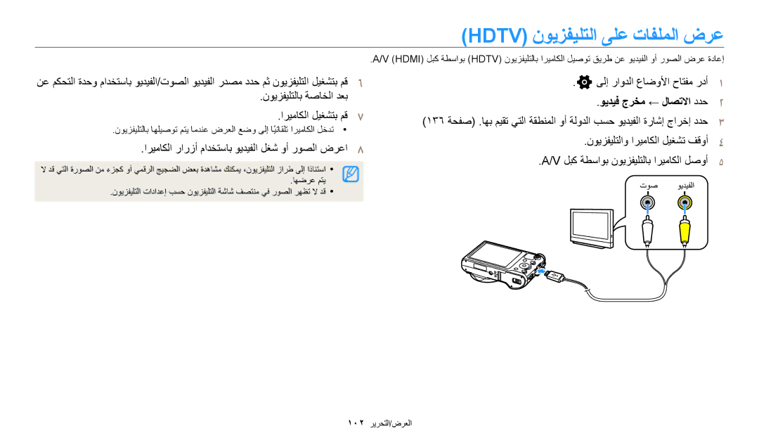 Samsung EC-WB700ZDPSIR, EC-WB700ZBPSAE Hdtv ﻥﻮﻳﺰﻔﻴﻠﺘﻟﺍ ﻰﻠﻋ ﺕﺎﻔﻠﻤﻟﺍ ﺽﺮﻋ, ﺍﺮﻴﻣﺎﻜﻟﺍ ﺭﺍﺭﺯﺃ ﻡﺍﺪﺨﺘﺳﺎﺑ ﻮﻳﺪﻴﻔﻟﺍ ﻞﻐﺷ ﻭﺃ ﺭﻮﺼﻟﺍ ﺽﺮﻋﺍ 