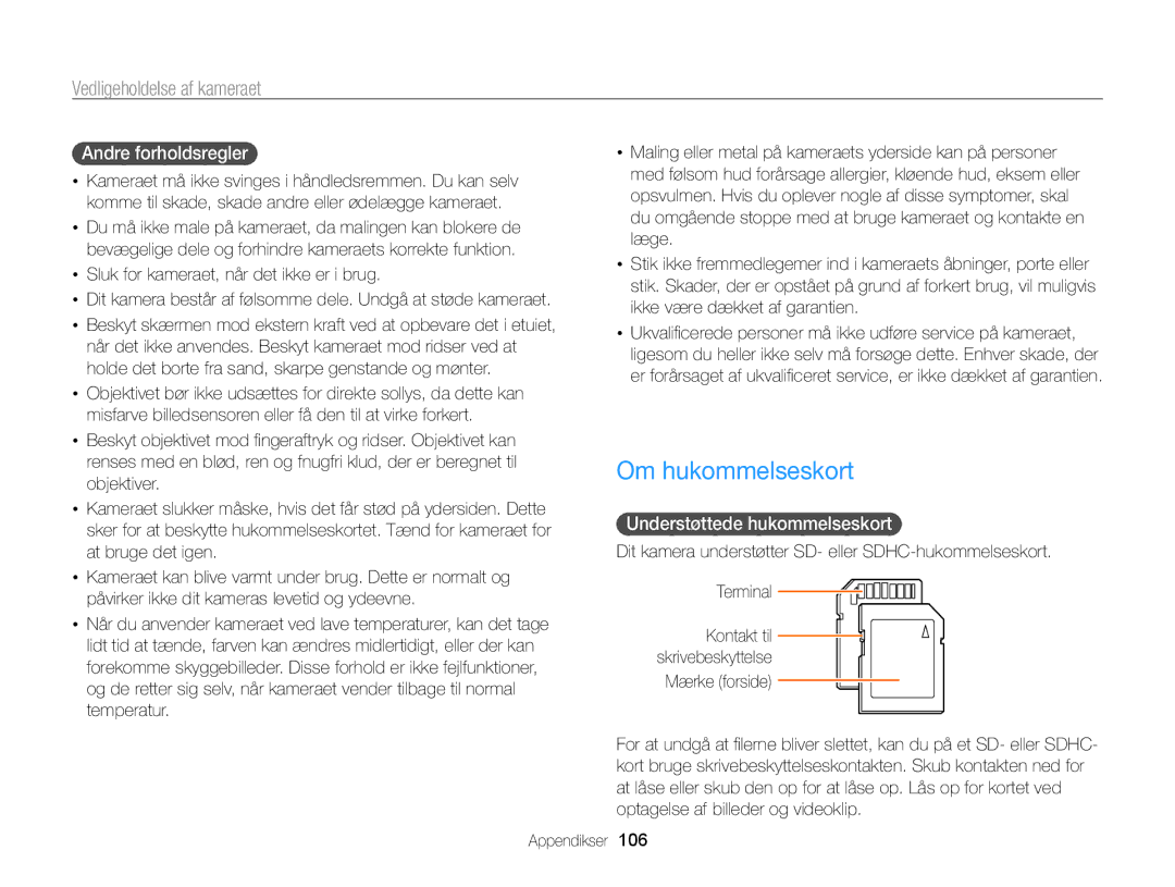 Samsung EC-WB700ZBPBE2, EC-WB700ZBPSE2 manual Om hukommelseskort, Andre forholdsregler, Understøttede hukommelseskort 