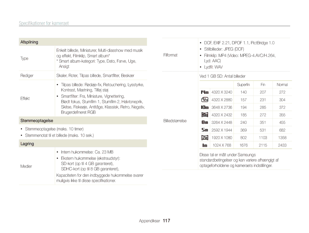 Samsung EC-WB700ZBPSE2, EC-WB700ZBPBE2 manual Specifikationer for kameraet 