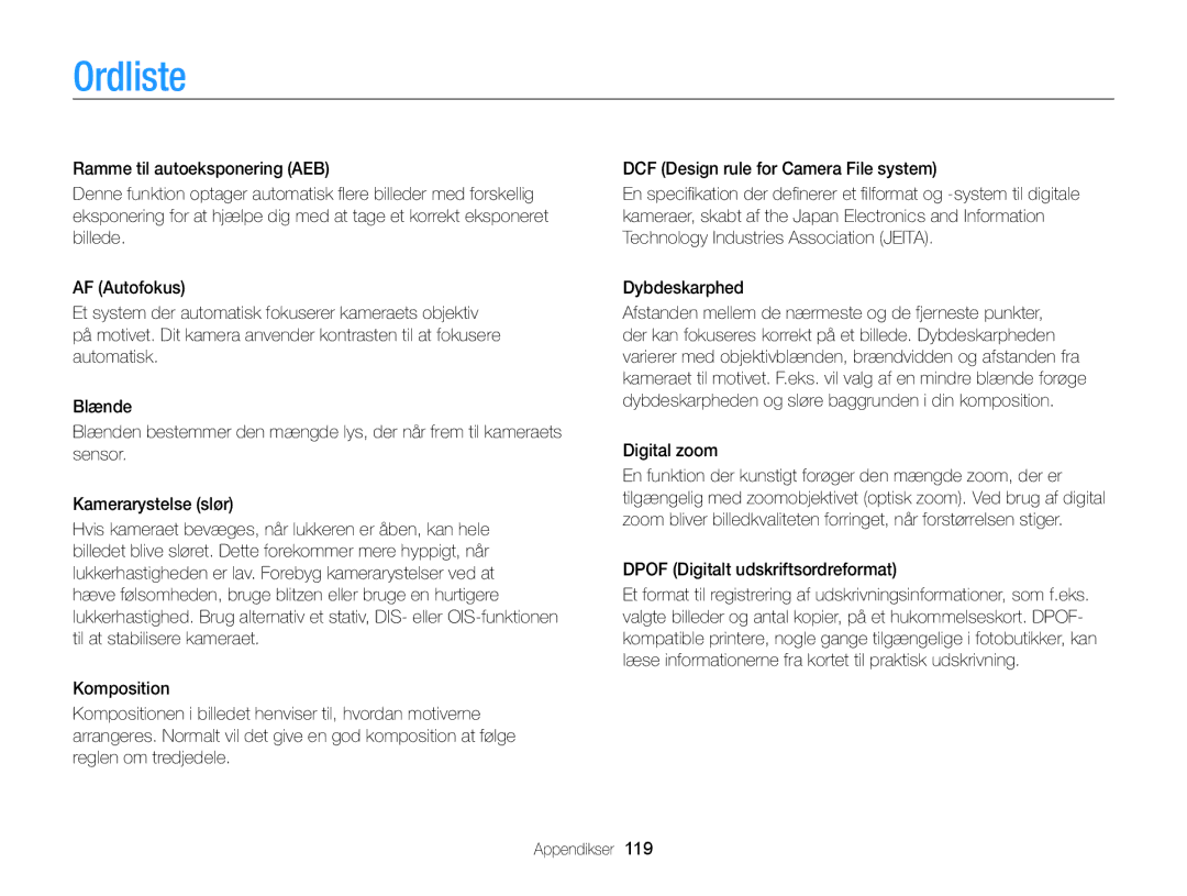 Samsung EC-WB700ZBPSE2, EC-WB700ZBPBE2 manual Ordliste, Dpof Digitalt udskriftsordreformat 