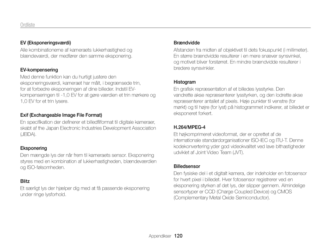 Samsung EC-WB700ZBPBE2, EC-WB700ZBPSE2 manual Ordliste, EV Eksponeringsværdi 