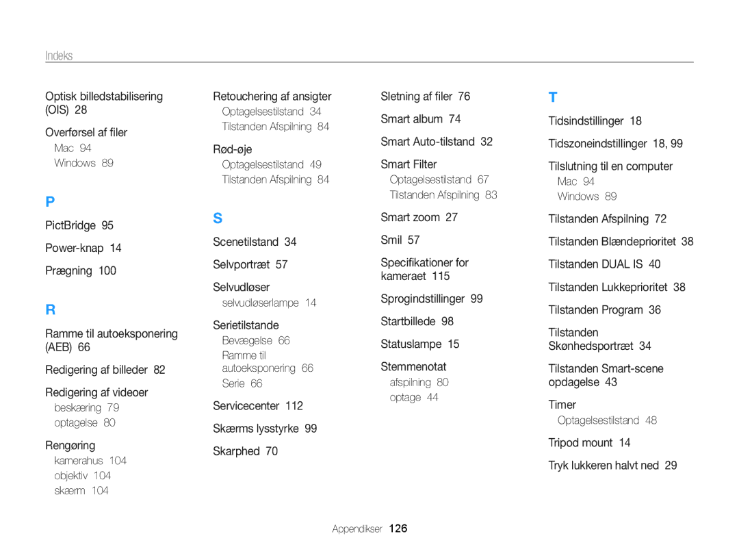 Samsung EC-WB700ZBPBE2 manual Mac Windows, Beskæring 79 optagelse, Kamerahus 104 objektiv 104 skærm, Selvudløserlampe 