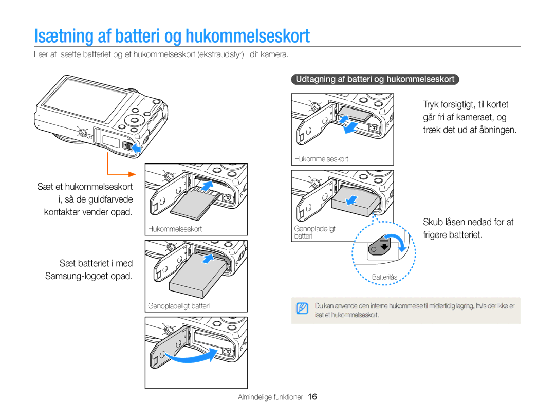 Samsung EC-WB700ZBPBE2 Isætning af batteri og hukommelseskort, Frigøre batteriet, Udtagning af batteri og hukommelseskort 