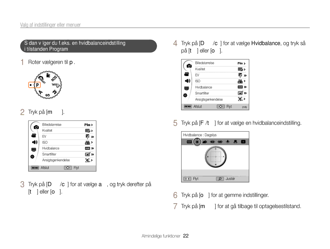 Samsung EC-WB700ZBPBE2, EC-WB700ZBPSE2 manual Valg af indstillinger eller menuer, Roter vælgeren til p Tryk på m 