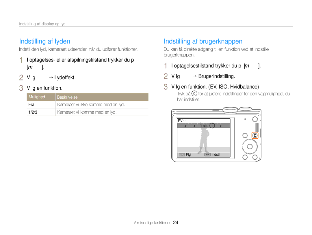 Samsung EC-WB700ZBPBE2, EC-WB700ZBPSE2 Indstilling af lyden, Indstilling af brugerknappen, Indstilling af display og lyd 