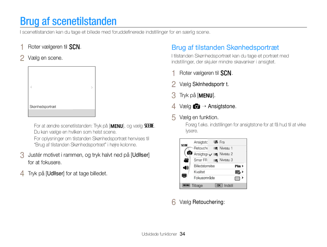 Samsung EC-WB700ZBPBE2 Brug af scenetilstanden, Brug af tilstanden Skønhedsportræt, Roter vælgeren til s Vælg en scene 