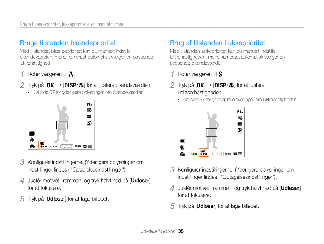 Samsung EC-WB700ZBPBE2, EC-WB700ZBPSE2 manual Bruge tilstanden blændeprioritet, Brug af tilstanden Lukkeprioritet 