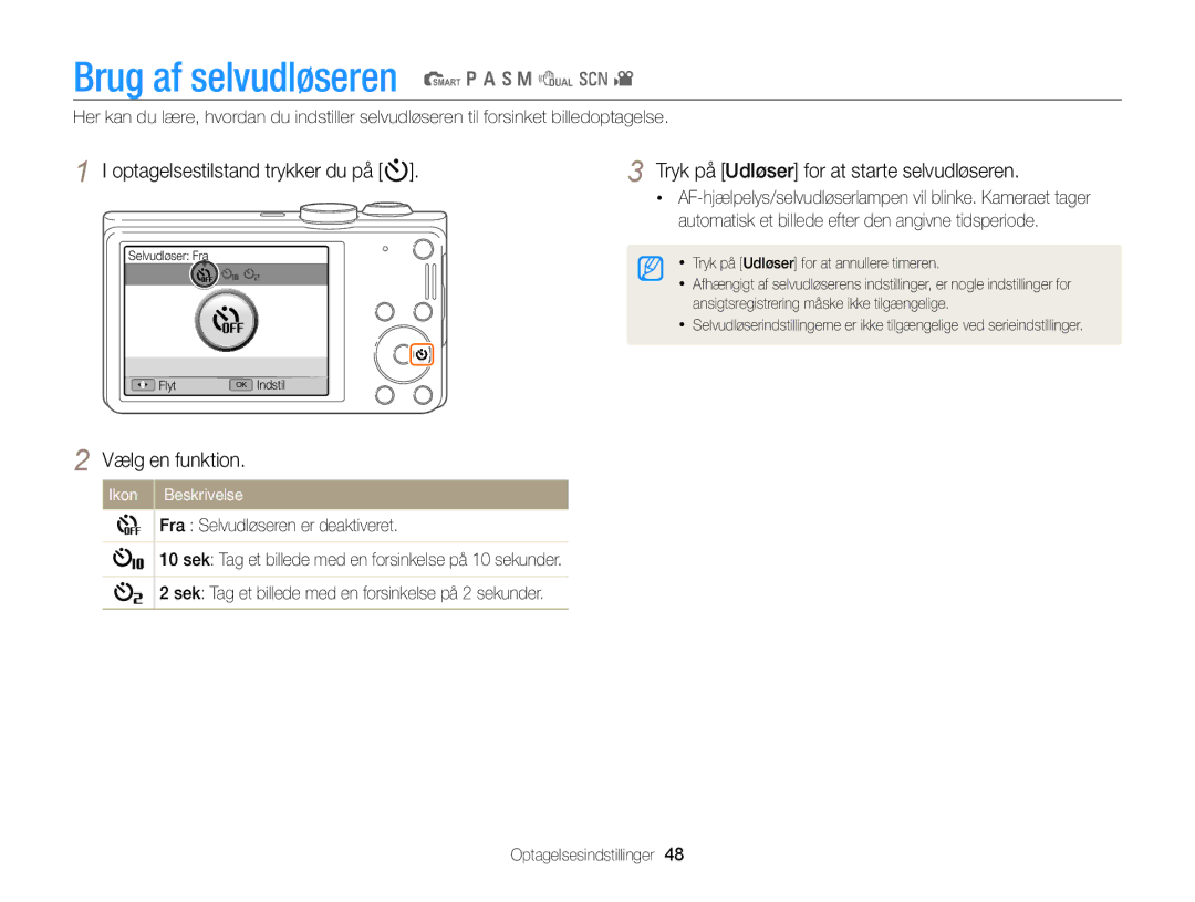 Samsung EC-WB700ZBPBE2, EC-WB700ZBPSE2 manual Brug af selvudløseren S p a h M d s, Optagelsestilstand trykker du på t 