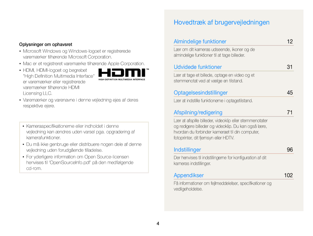 Samsung EC-WB700ZBPBE2, EC-WB700ZBPSE2 manual Hovedtræk af brugervejledningen, 102 