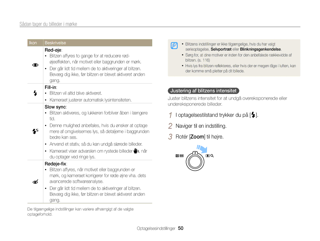 Samsung EC-WB700ZBPBE2, EC-WB700ZBPSE2 Sådan tager du billeder i mørke, Justering af blitzens intensitet, Ikon, Rød-øje 