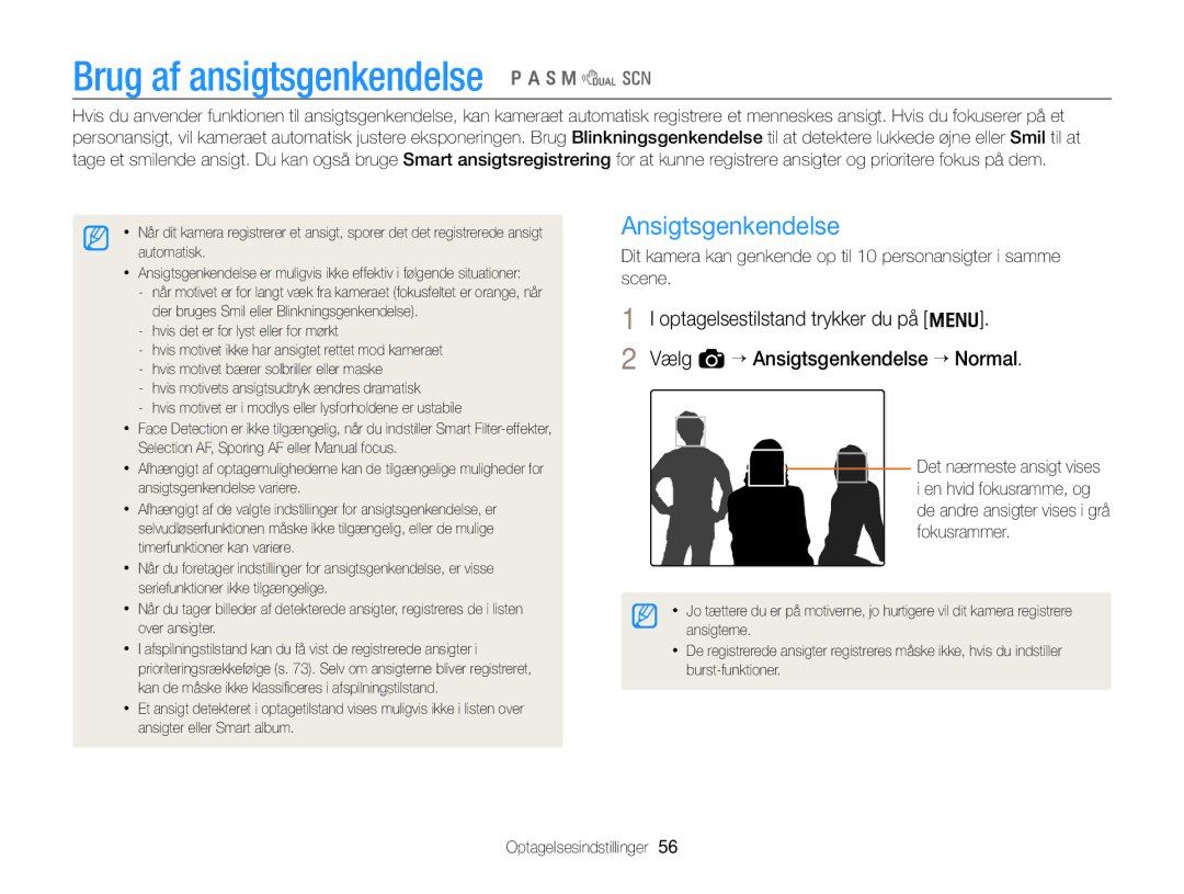 Samsung EC-WB700ZBPBE2, EC-WB700ZBPSE2 manual Brug af ansigtsgenkendelse p a h M d s, Ansigtsgenkendelse 