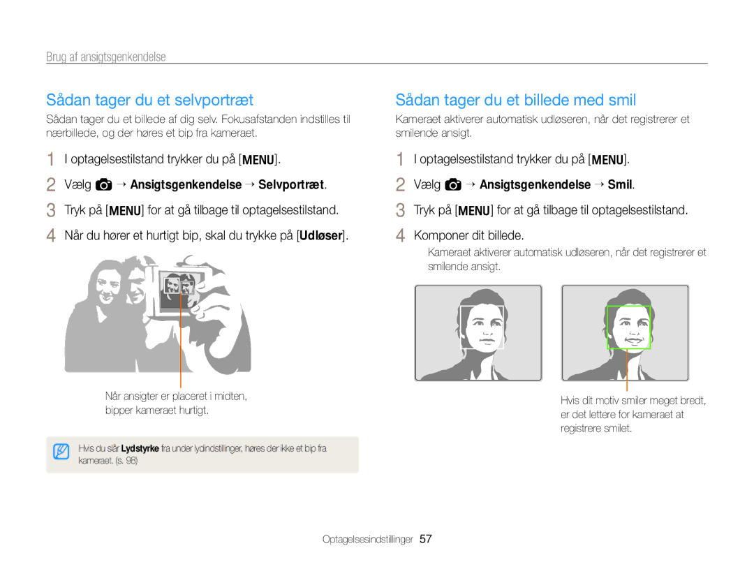 Samsung EC-WB700ZBPSE2 manual Sådan tager du et selvportræt, Sådan tager du et billede med smil, Brug af ansigtsgenkendelse 