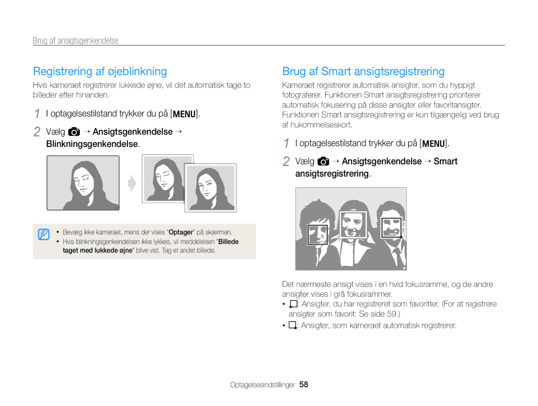 Samsung EC-WB700ZBPBE2, EC-WB700ZBPSE2 manual Registrering af øjeblinkning, Brug af Smart ansigtsregistrering 