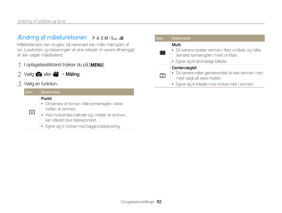 Samsung EC-WB700ZBPBE2 manual Ændring af målefunktionen p a h M d, Justering af lysstyrke og farve, Vælg a eller V “ Måling 