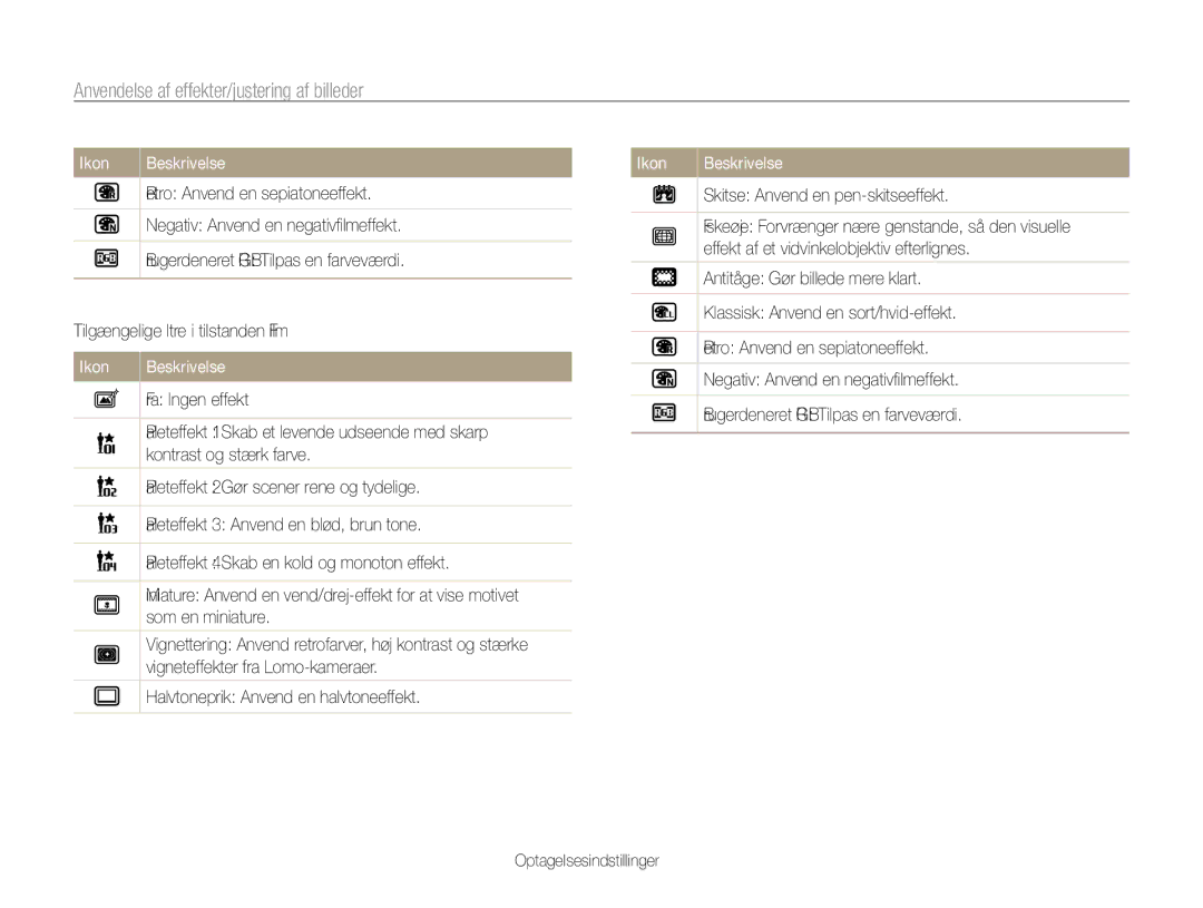 Samsung EC-WB700ZBPBE2, EC-WB700ZBPSE2 manual Anvendelse af effekter/justering af billeder 