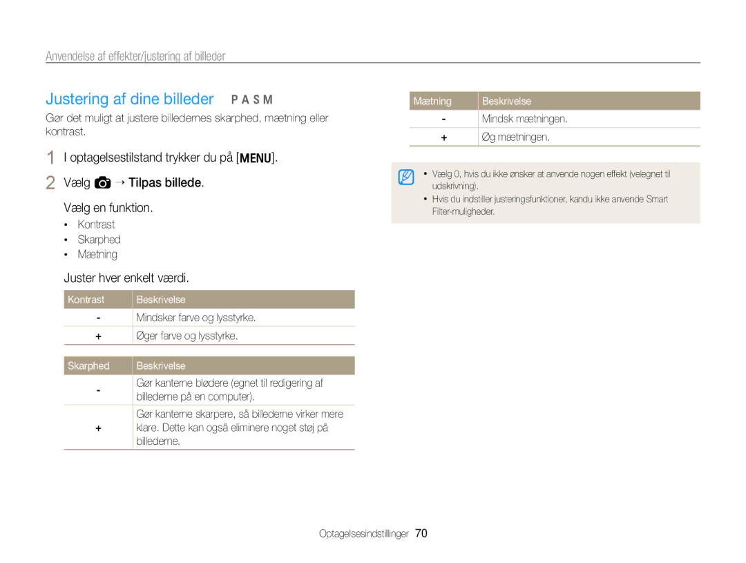 Samsung EC-WB700ZBPBE2, EC-WB700ZBPSE2 manual Justering af dine billeder p a h M, Juster hver enkelt værdi 