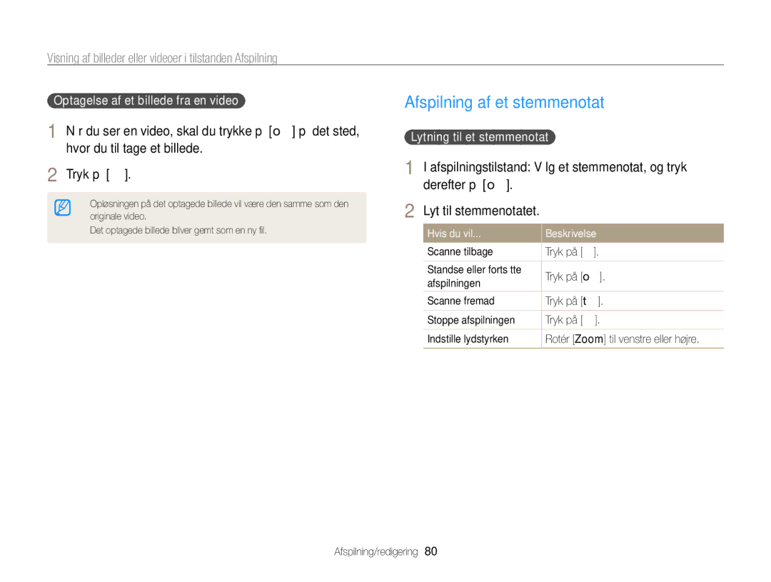 Samsung EC-WB700ZBPBE2, EC-WB700ZBPSE2 manual Tryk på c, Optagelse af et billede fra en video, Lytning til et stemmenotat 