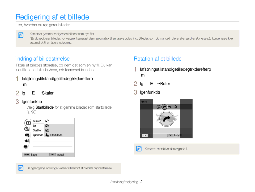 Samsung EC-WB700ZBPBE2, EC-WB700ZBPSE2 manual Redigering af et billede, Ændring af billedstørrelse, Rotation af et billede 