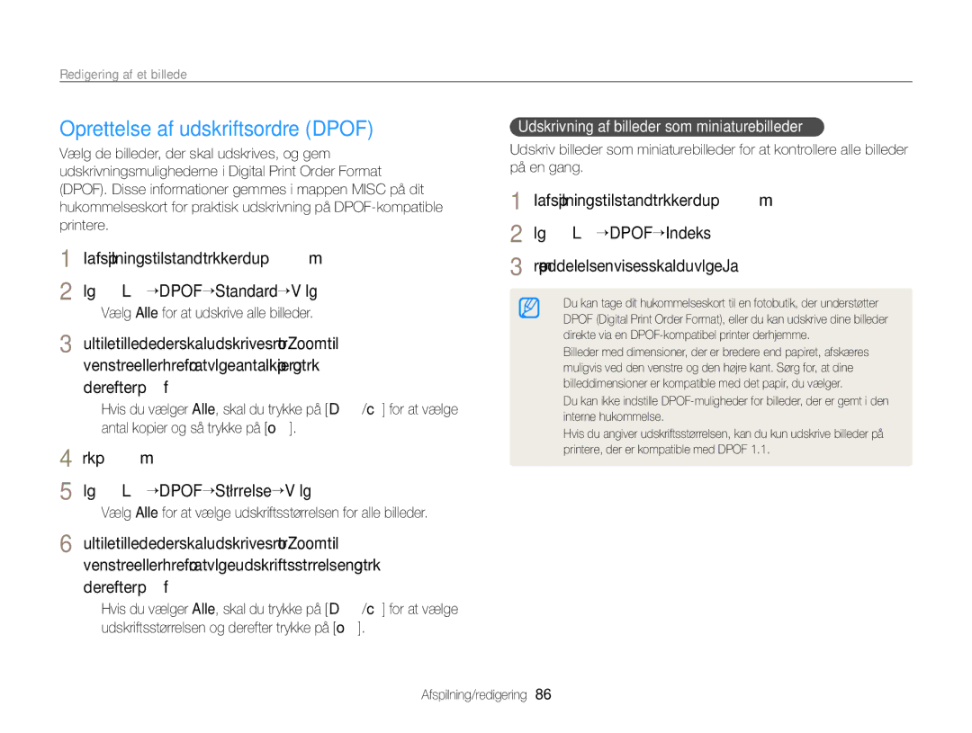 Samsung EC-WB700ZBPBE2, EC-WB700ZBPSE2 manual Oprettelse af udskriftsordre Dpof, Tryk på m Vælg L “ Dpof “ Størrelse “ Vælg 