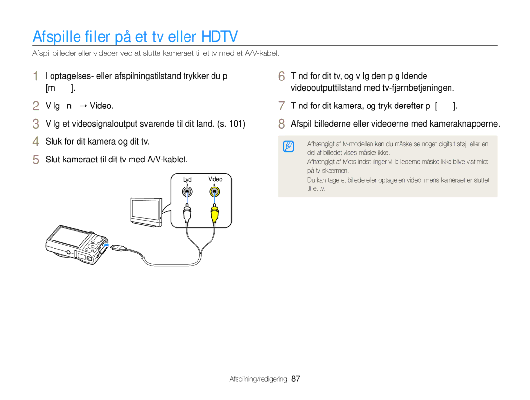 Samsung EC-WB700ZBPSE2, EC-WB700ZBPBE2 manual Afspille ﬁler på et tv eller Hdtv, Tænd for dit kamera, og tryk derefter på P 