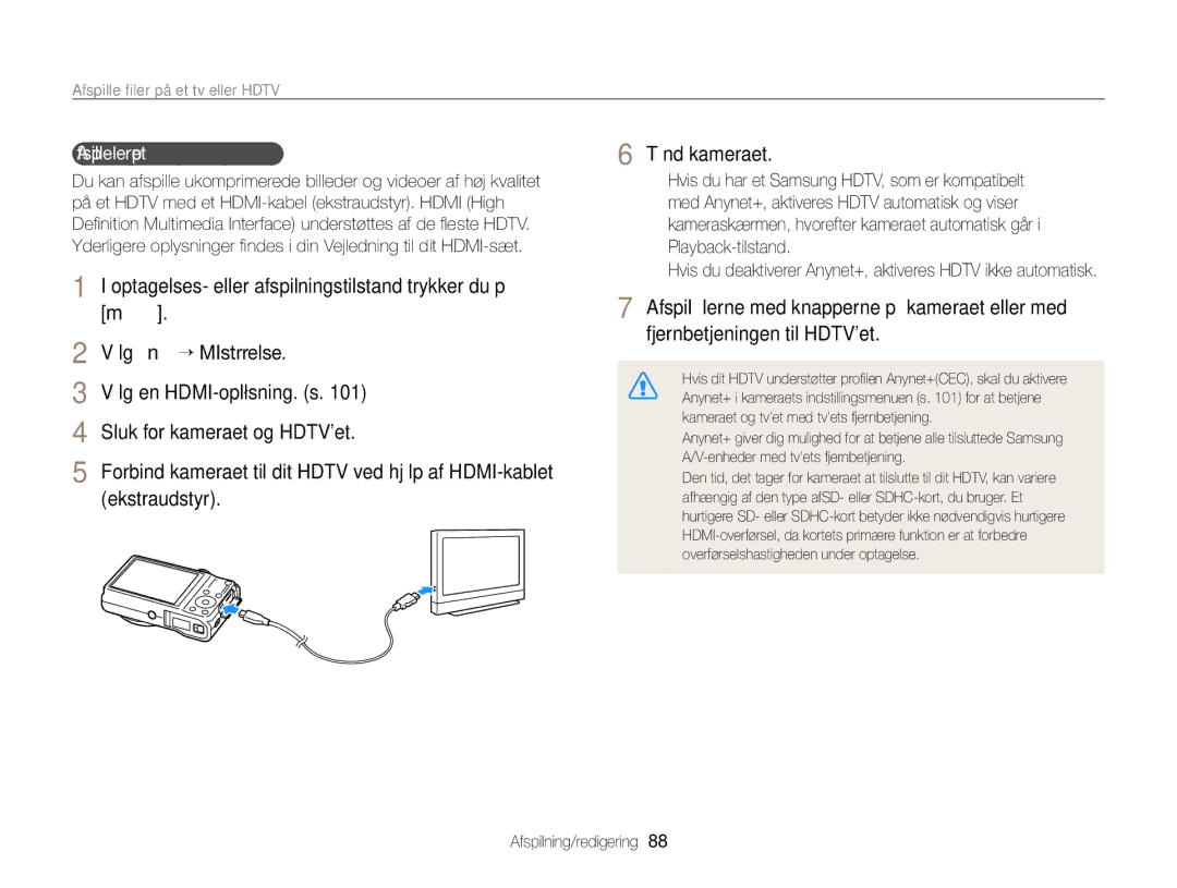 Samsung EC-WB700ZBPBE2, EC-WB700ZBPSE2 manual Afspille ﬁler på et tv eller Hdtv, Afspille ﬁler på et Hdtv 