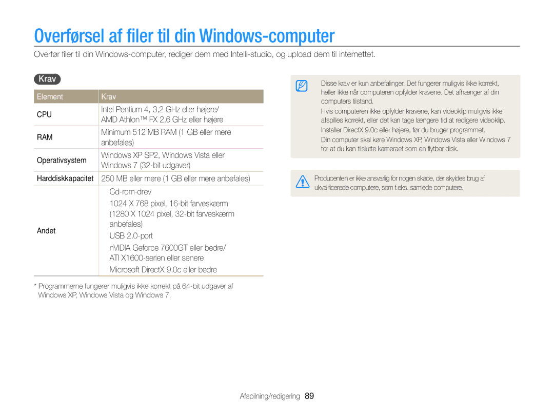 Samsung EC-WB700ZBPSE2, EC-WB700ZBPBE2 manual Overførsel af ﬁler til din Windows-computer, Element Krav 