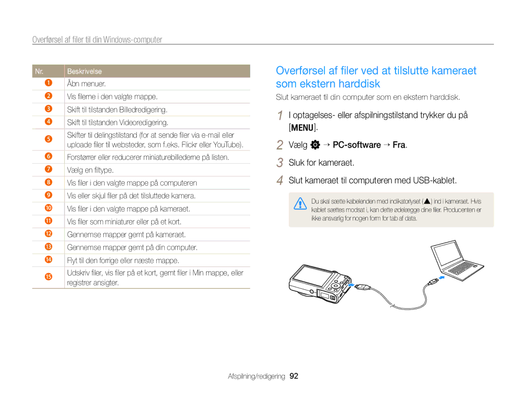 Samsung EC-WB700ZBPBE2, EC-WB700ZBPSE2 manual Åbn menuer, Slut kameraet til din computer som en ekstern harddisk 