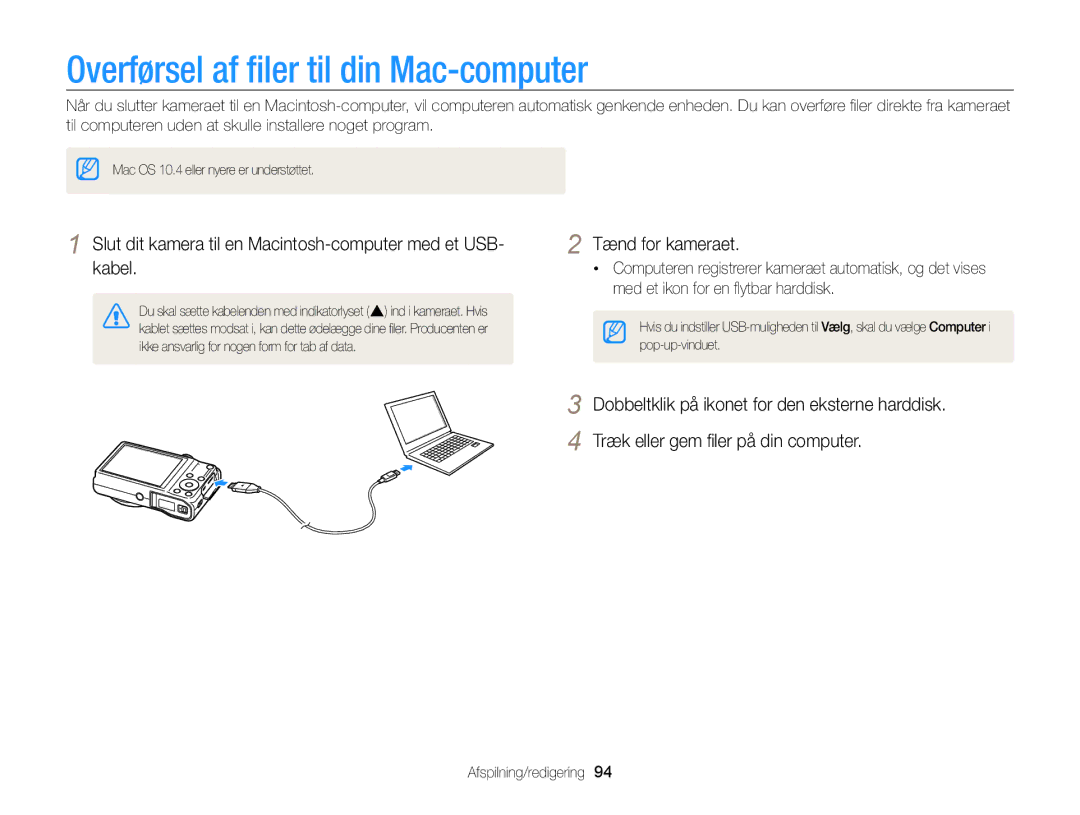 Samsung EC-WB700ZBPBE2 manual Overførsel af ﬁler til din Mac-computer, Dobbeltklik på ikonet for den eksterne harddisk 