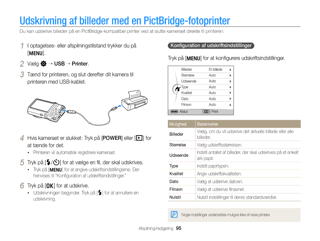 Samsung EC-WB700ZBPSE2, EC-WB700ZBPBE2 Udskrivning af billeder med en PictBridge-fotoprinter, Tryk på o for at udskrive 