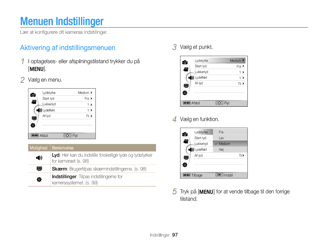 Samsung EC-WB700ZBPSE2, EC-WB700ZBPBE2 manual Menuen Indstillinger, Aktivering af indstillingsmenuen, Vælg et punkt 