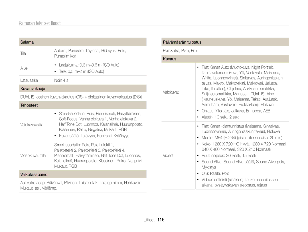 Samsung EC-WB700ZBPBE2, EC-WB700ZBPSE2 manual Kameran tekniset tiedot 