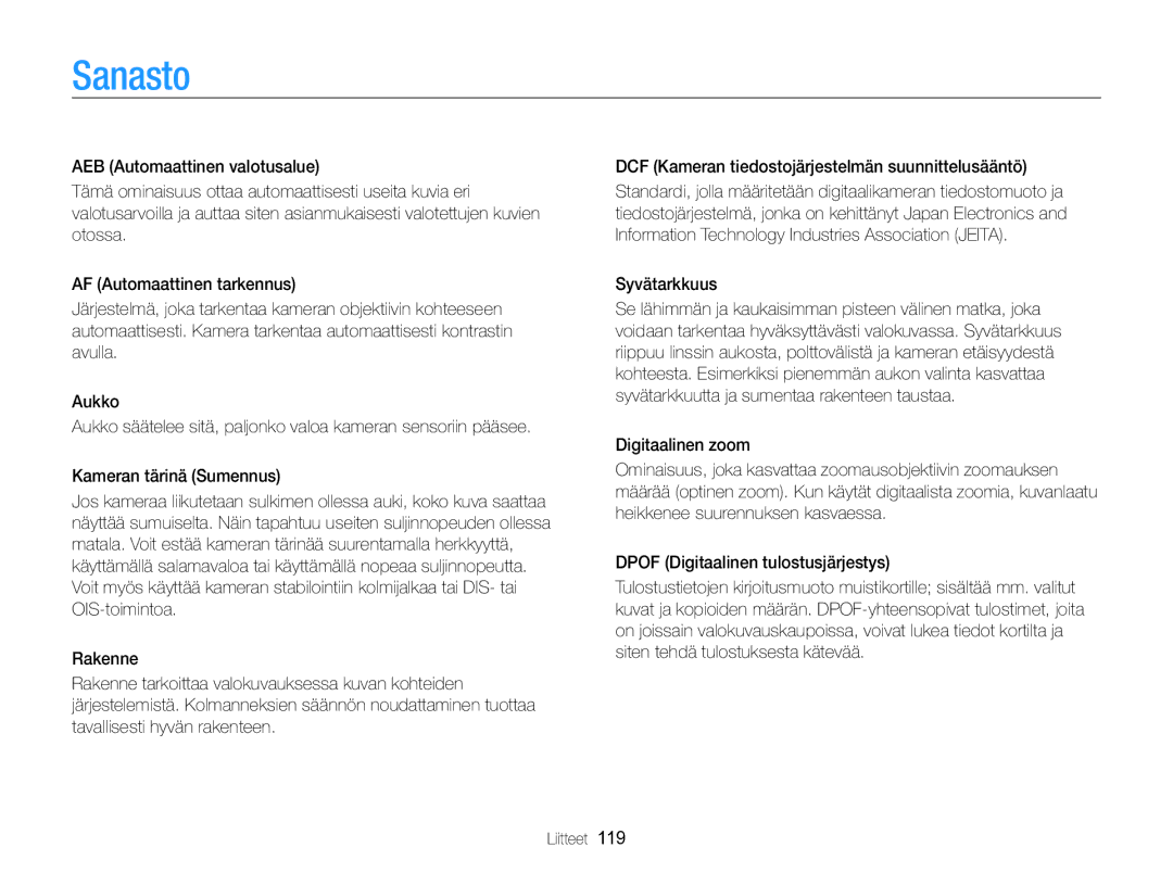 Samsung EC-WB700ZBPSE2, EC-WB700ZBPBE2 manual Sanasto, Syvätarkkuus 