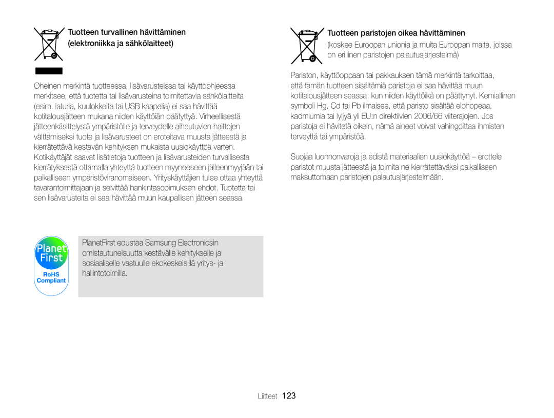 Samsung EC-WB700ZBPSE2, EC-WB700ZBPBE2 manual Tuotteen paristojen oikea hävittäminen 